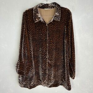 Soft Surroundings plus size 1X long sleeve button up shirt silk cheetah velvet